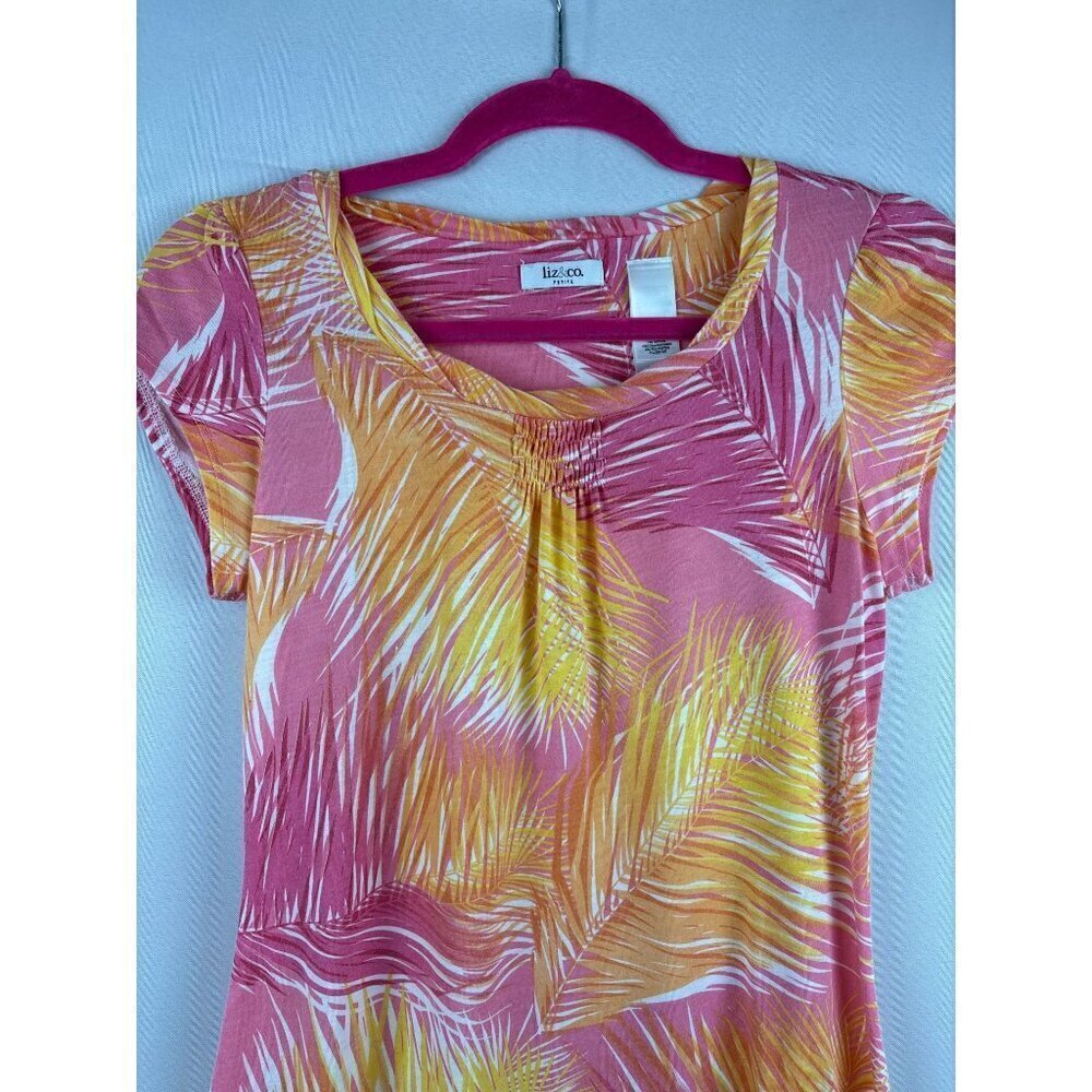 Liz & Co Tropical Palm Leaf Print Petite Summer Top Pink Yellow